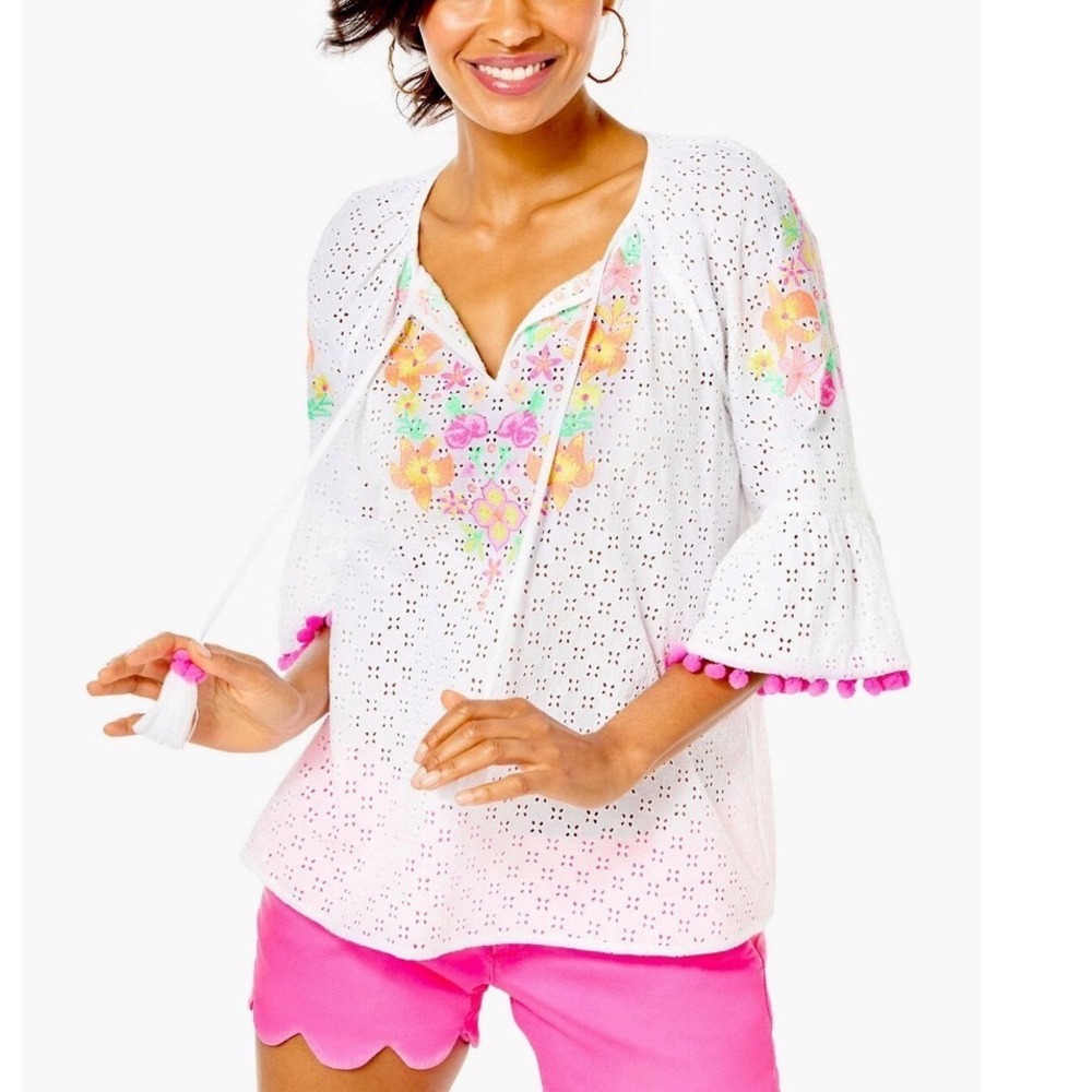 Lilly Pulitzer morgain Eyelet Floral Embroidered Pom Pom Bell Sleeve Blouse M